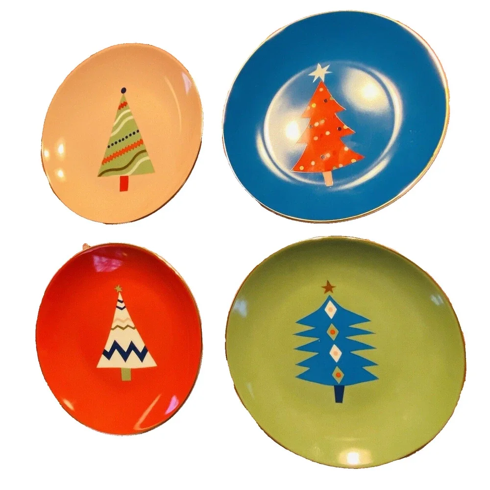 Rare PIER 1 Christmas Tree Plate Set (4) Colorful Holiday Appetizer Canape 6”
